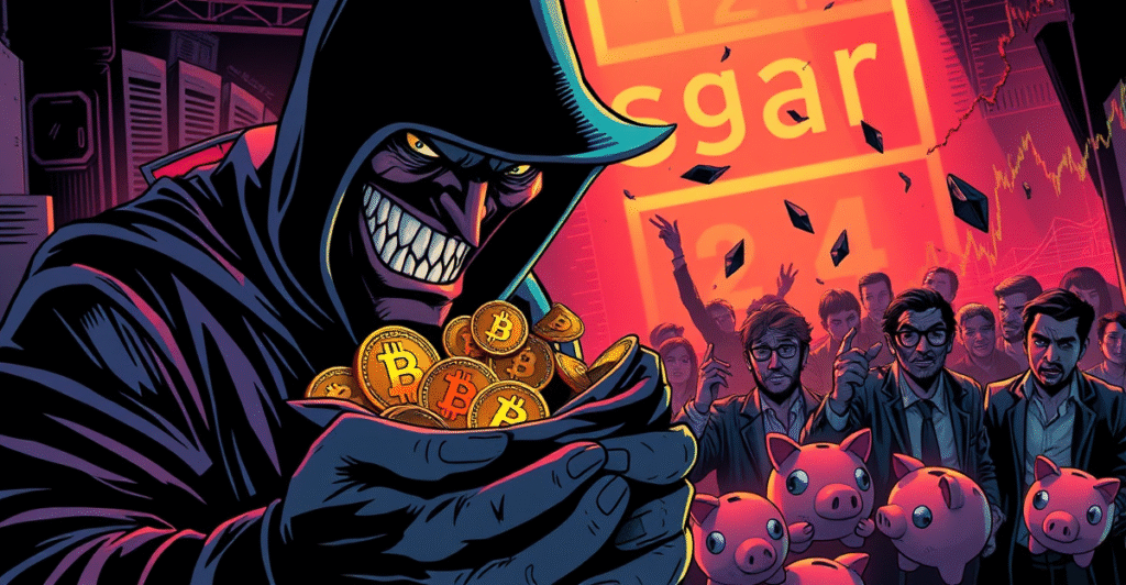 阴影人物手持装满加密货币符号的钱袋，背景是震惊的投资者和下跌的股市图表，象征加密货币投资诈骗