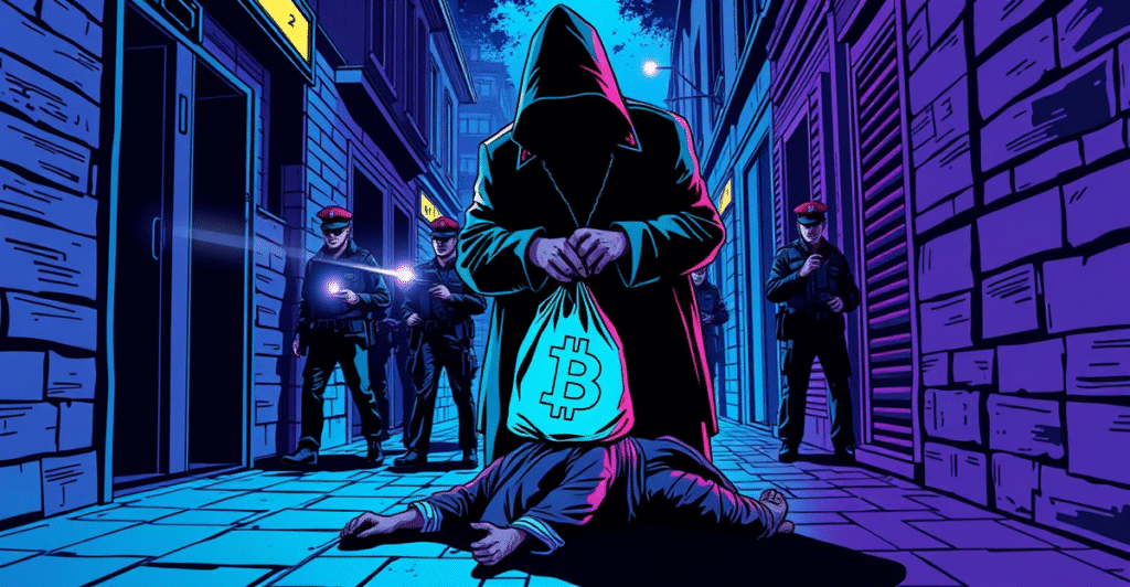 复古漫画风格插画展示一名侦探揭露加密货币绑架案的幕后黑手，背景是霓虹灯下的城市夜景