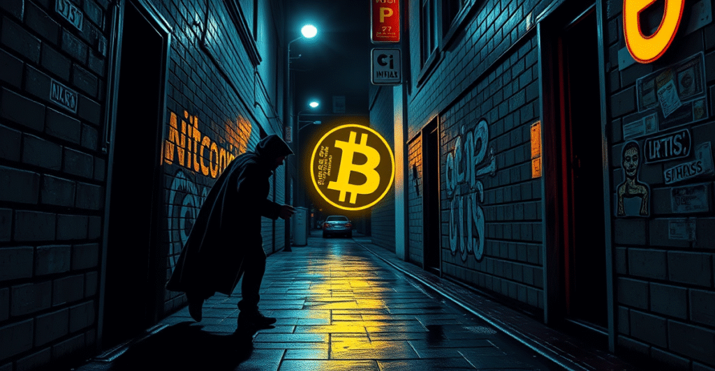 复古漫画风格插图展示暗巷中的加密货币绑架未遂事件，背景有发光的比特币符号