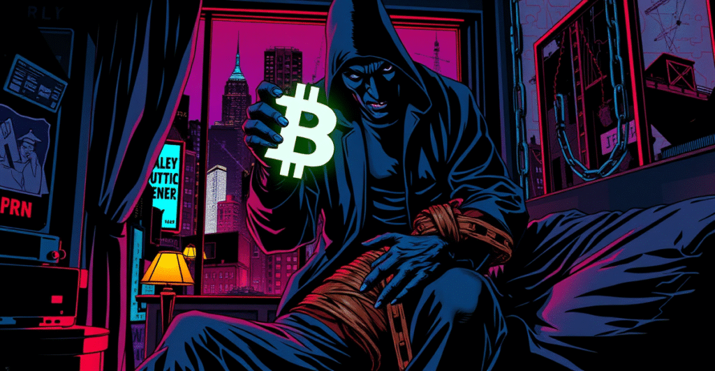 阴影中的人物在巴黎小巷持有发光的加密货币符号，背景有勒索信，象征加密货币绑架案的紧张氛围