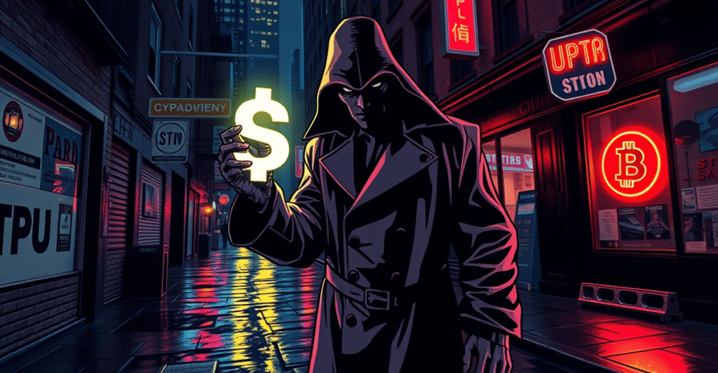 复古漫画风格插图展示加密货币绑架案的紧张场景，一名阴影中的人物手持发光的加密货币符号，背景是纽约市的暗巷。