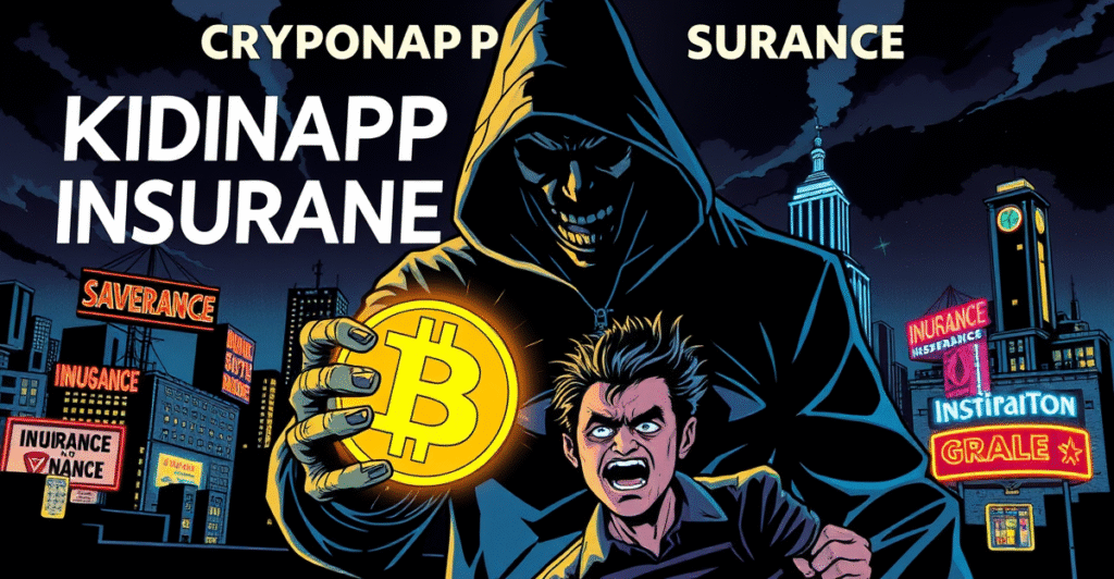 复古漫画风格插图展示一名阴影人物手持发光的加密货币符号，前景是一名惊恐的投资者，背景是夜晚的城市天际线和闪烁的保险公司霓虹标志。