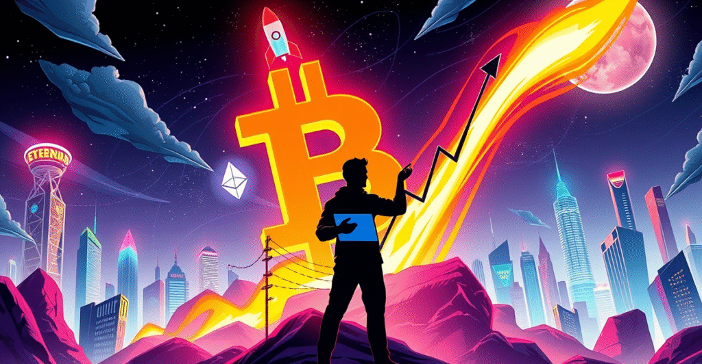 复古漫画风格插图展示比特币符号上的火箭发射，象征加密货币市场的飙升