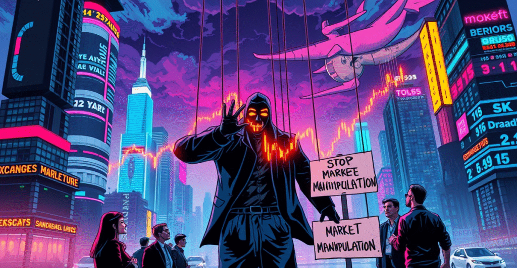 复古漫画风格插图展示阴影人物用傀儡线操纵巨大的加密货币市场图表，背景是霓虹灯照亮的交易所摩天大楼