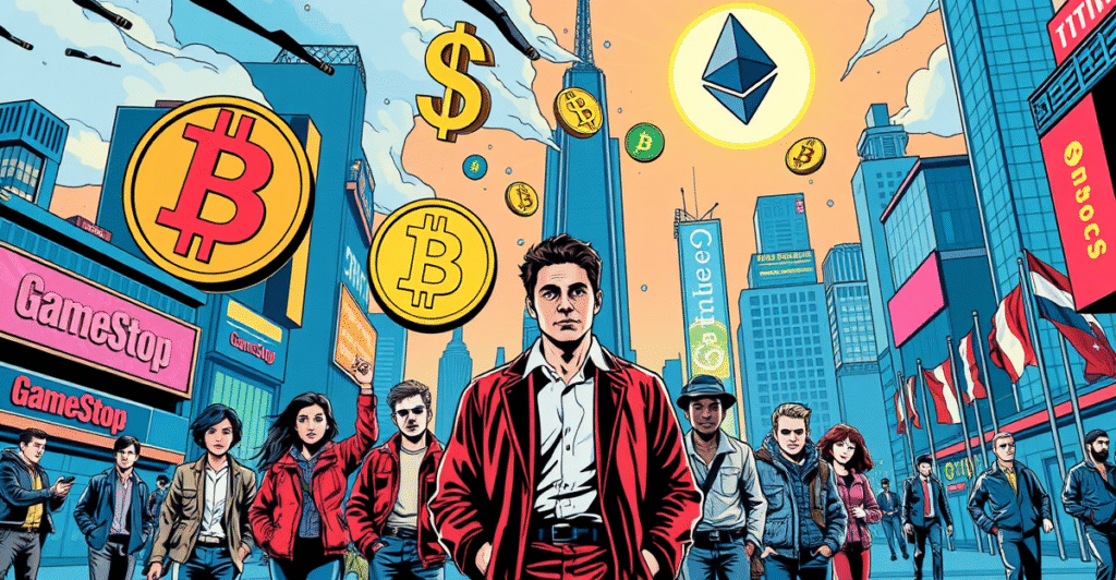 复古漫画风格插画展示加密货币市场的成熟与全球采用，前景是投资者和科技创新者站在未来城市景观前。