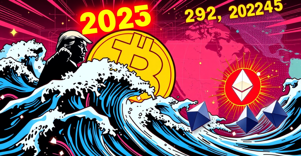 2025年4月加密货币市场动荡的复古漫画封面，展示比特币波动、特朗普政策影响及以太坊的领先地位