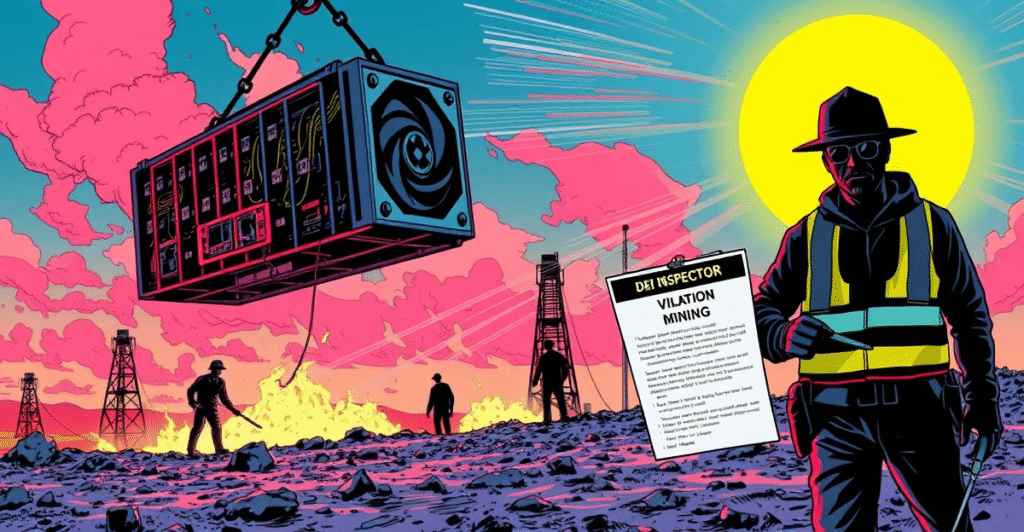 复古漫画风格插图展示加密货币挖矿设备从宾夕法尼亚州场地撤离，背景可见未封的井，象征挖矿违规与环境问题。