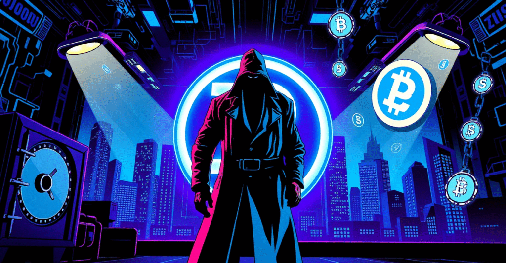 德国执法部门查封加密货币洗钱案的复古漫画风格插图，展示阴影人物与加密货币符号