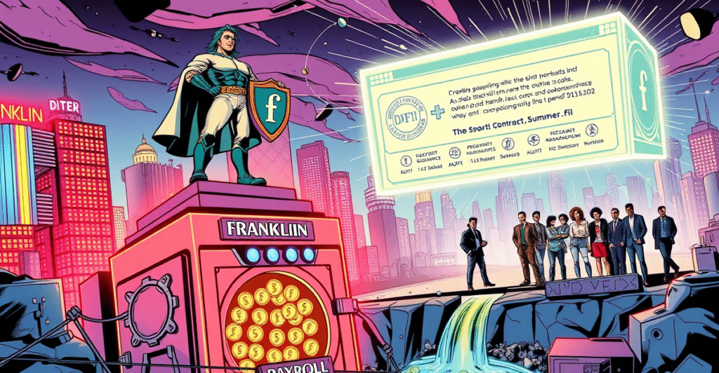 Franklin的加密货币工资支付收益计划在复古漫画风格中展现,突出区块链技术和DeFi平台的融合。