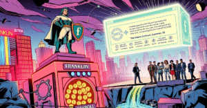 Franklin的加密货币工资支付收益计划在复古漫画风格中展现，突出区块链技术和DeFi平台的融合。