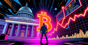 一名交易员站在发光的加密货币永续期货合约符号前，背景是美国商品期货交易委员会大楼和上涨的数字图表