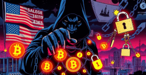 复古漫画风格插图展示阴影人物操纵加密货币网络，背景为美国和菲律宾国旗，象征加密货币诈骗制裁