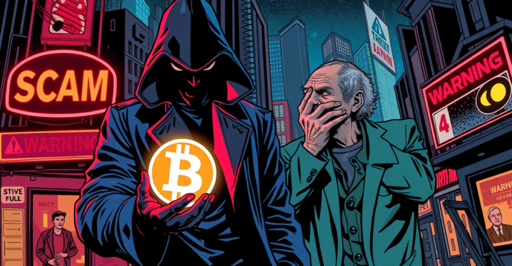 复古漫画风格插画展示一名神秘人物手持发光的加密货币符号,背景中一位退休艺术家因诈骗损失而绝望。