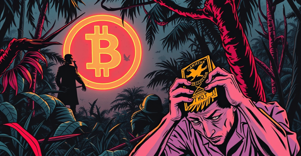 复古漫画风格插图展示克伦民族军与加密货币诈骗的关联,背景为丛林和发光的加密货币符号