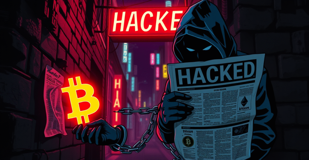 一名黑客在暗巷中操纵发光的加密货币符号，背景是被黑报纸标题，象征加密货币诈骗的威胁