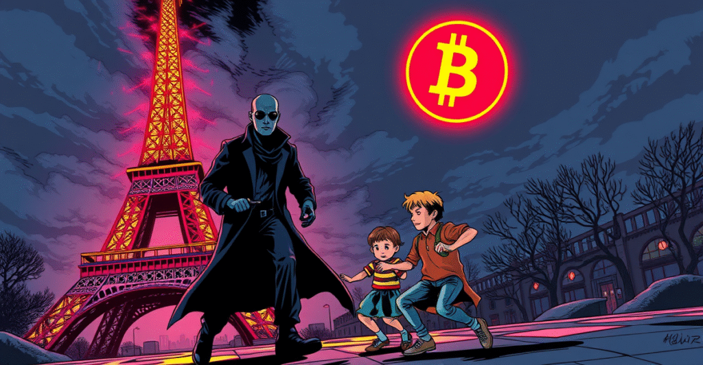 复古漫画风格插图展示在埃菲尔铁塔前发生的加密货币安全威胁场景