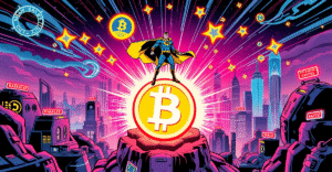 一位英雄人物站在发光的加密货币符号上，背景是充满活力的数字景观和未来城市，象征加密货币质押活动的繁荣。