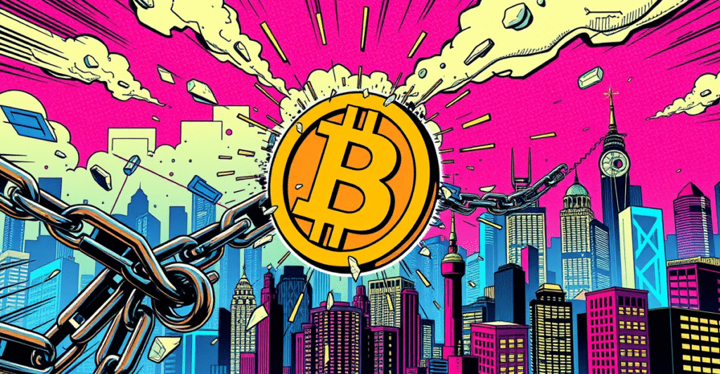 比特币符号挣脱与股市图表的链条,象征加密货币与股市脱钩