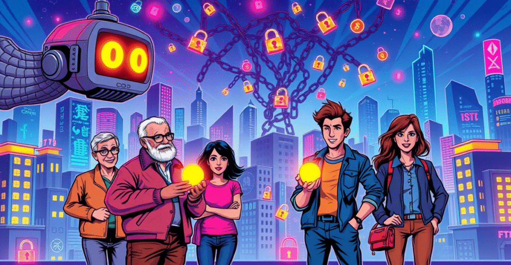 多样化人群在区块链未来城市前接受用户友好的加密货币工具，象征加密货币用户体验的简化与普及