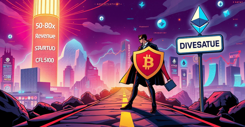 加密货币风险投资家站在十字路口，面对高估值与合理估值的初创公司选择，背景是繁荣的加密货币市场。