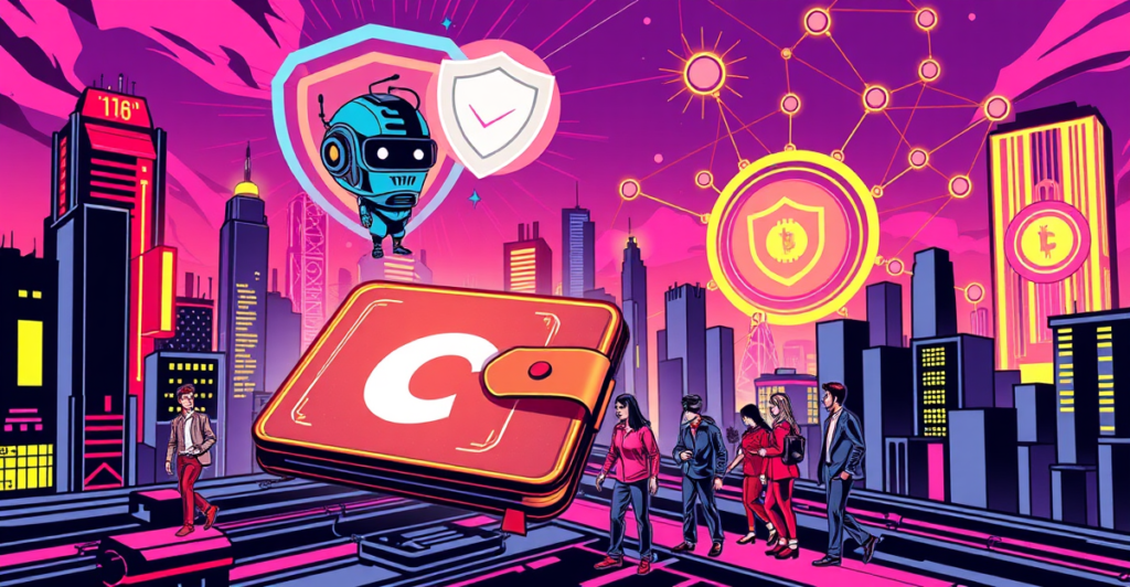 复古漫画风格插画展示未来城市中的加密货币钱包与AI助手，象征用户体验的改进与安全性