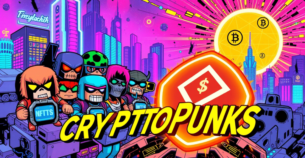 复古漫画风格的CryptoPunks NFT集合，展示独特的像素化角色和数字艺术革命