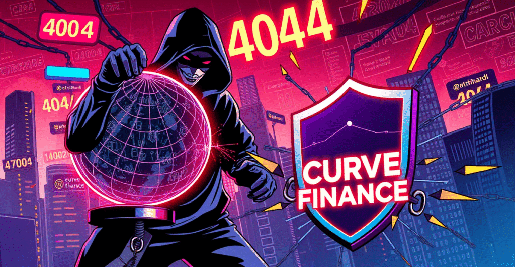 复古漫画风格插图展示Curve Finance遭遇DNS劫持,黑客操控全球DNS服务器造成数字混乱