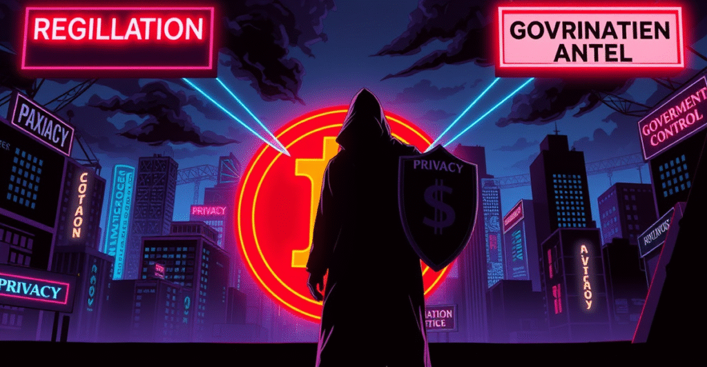 一个神秘人物站在发光的暗黑稳定币符号前，背景是霓虹灯下的监管和征税标志