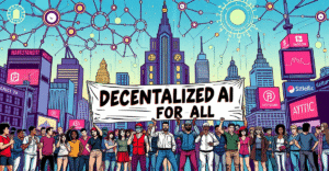 复古漫画风格封面展示未来城市景观，突出去中心化AI符号和团结的人群，象征对去中心化创新的支持。