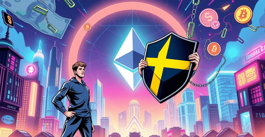 复古漫画风格封面展示以太坊标志和Vitalik Buterin，象征去中心化支付在瑞典无现金社会中的关键作用