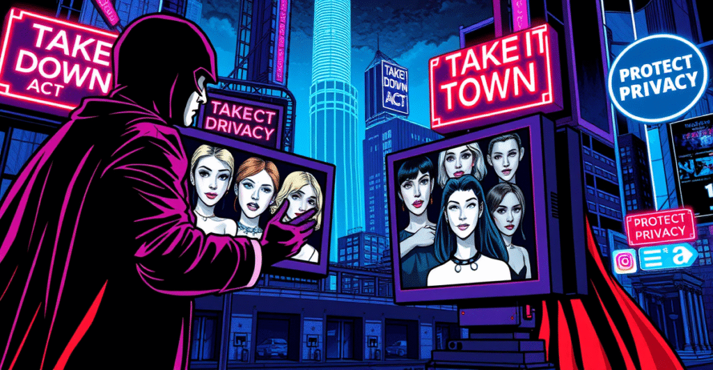 象征性对抗深度伪造色情内容的复古漫画封面，展示英雄人物与操纵数字屏幕的阴影人物对峙。