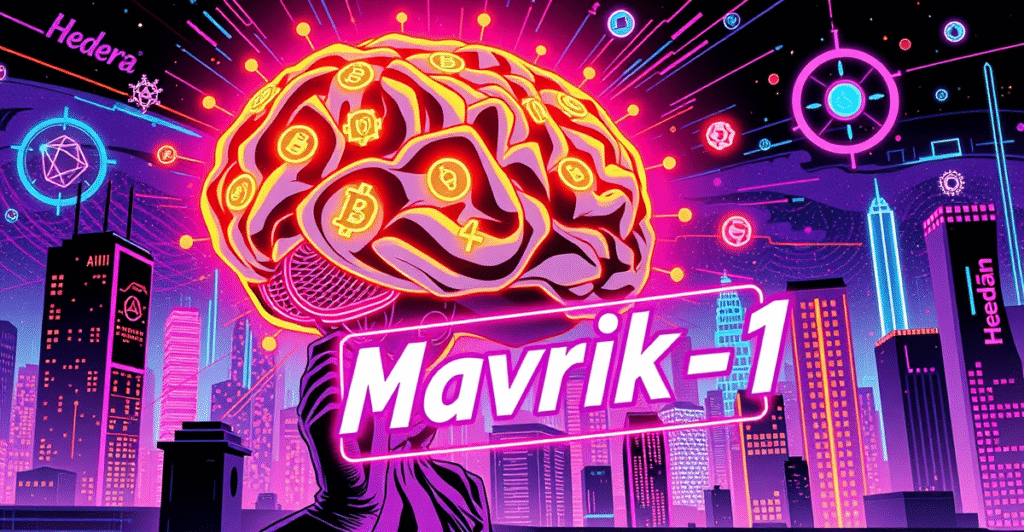 复古漫画风格封面展示AI大脑与区块链符号融合,背景是Hedera网络的霓虹城市景观,象征DeFi AI引擎Mavrik-1的推出。