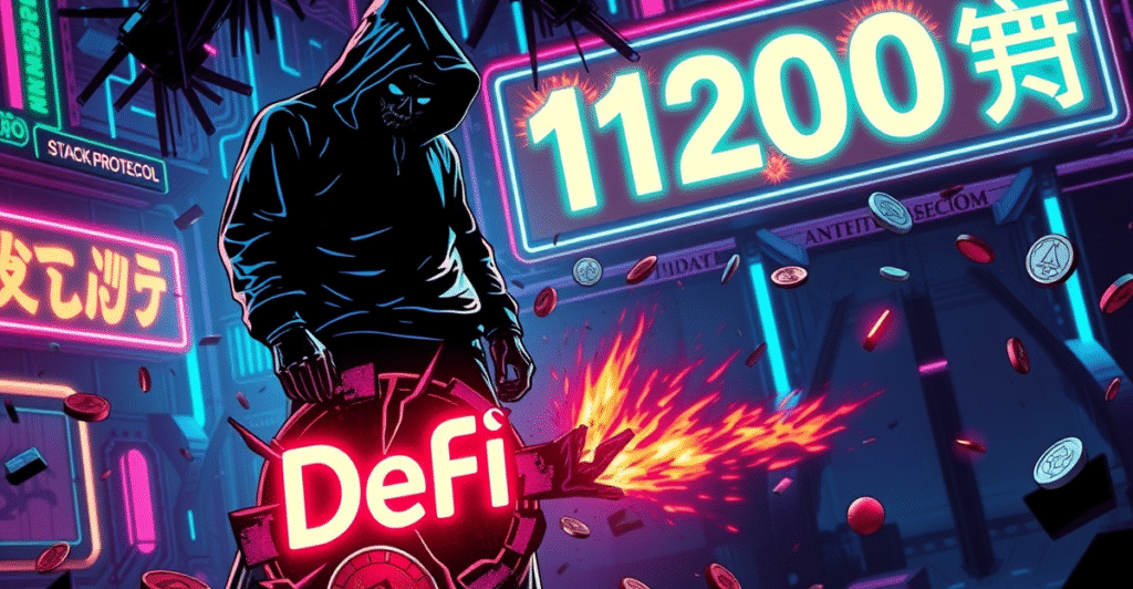 复古漫画风格插图展示了一名黑客在霓虹数字世界中站在破裂的智能合约符号上，背景是坠落的加密货币和燃烧的1200万美元标志，象征Cork Protocol黑客事件