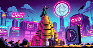 英雄人物站在金币堆上，背景是显示'DeFi'和'Aave'的未来城市景观，象征DeFi借贷的市场主导地位