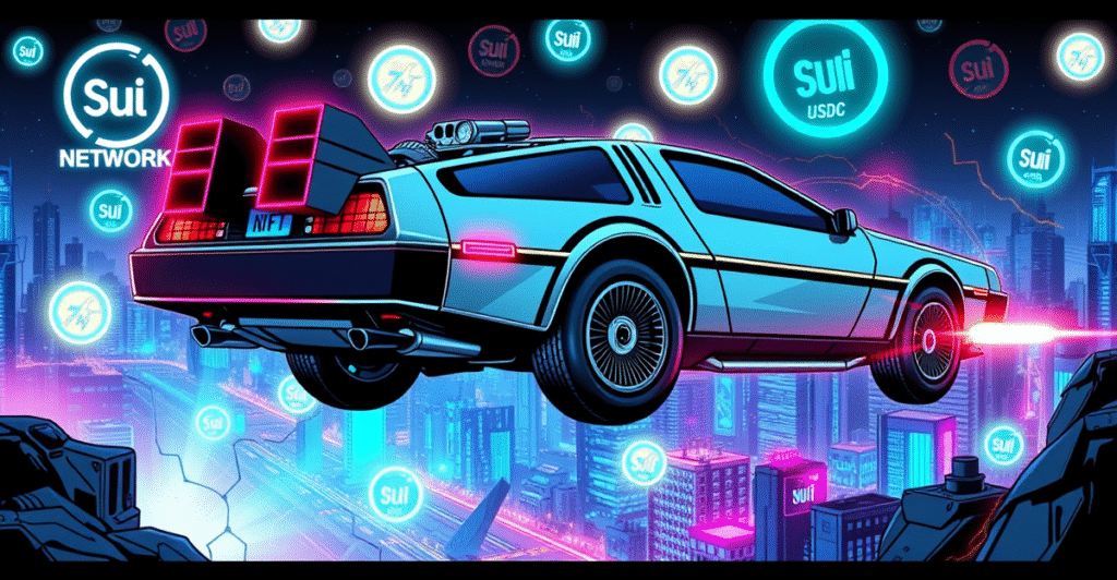 复古漫画风格的DeLorean Alpha 5 EV电动汽车在区块链数字景观上飞翔，周围环绕着发光的NFT代币