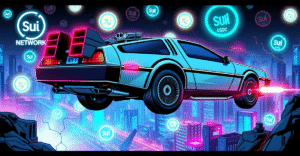 复古漫画风格的DeLorean Alpha 5 EV电动汽车在区块链数字景观上飞翔，周围环绕着发光的NFT代币