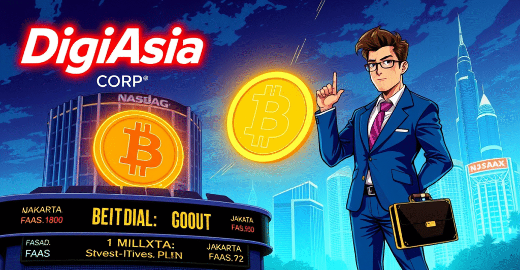 DigiAsia Corp宣布比特币投资计划后股价飙升的复古漫画风格插图