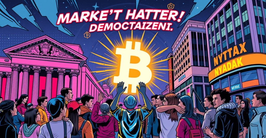 复古漫画风格插图展示一群人高举数字资产符号,象征市场民主化,背景融合美联储和区块链元素