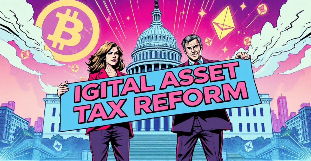 两位美国参议员站在国会大厦前,手持'数字资产税收改革'横幅,背景是比特币和以太坊符号
