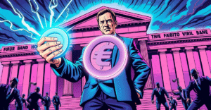 法比奥·帕内塔手持发光的数字欧元，背景为欧洲央行，象征数字欧元在金融稳定中的关键作用