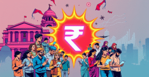 数字卢比符号在复古漫画风格封面中发光，周围人群展示数字支付，背景为印度储备银行大楼和增长图表