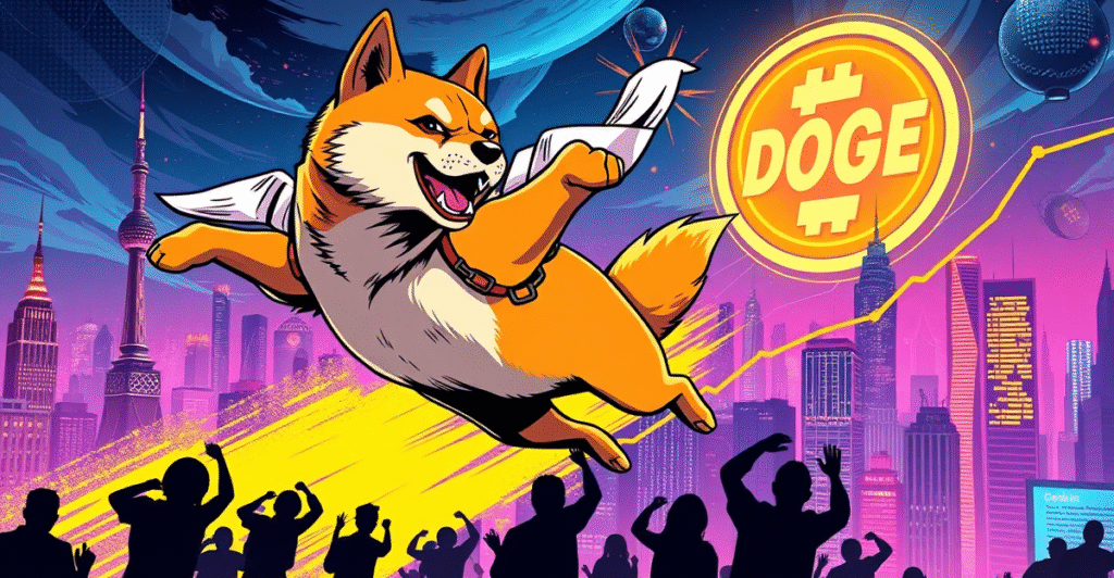 一只柴犬英雄在霓虹城市天际线上飞翔,背景是发光的狗狗币符号,象征价格飙升