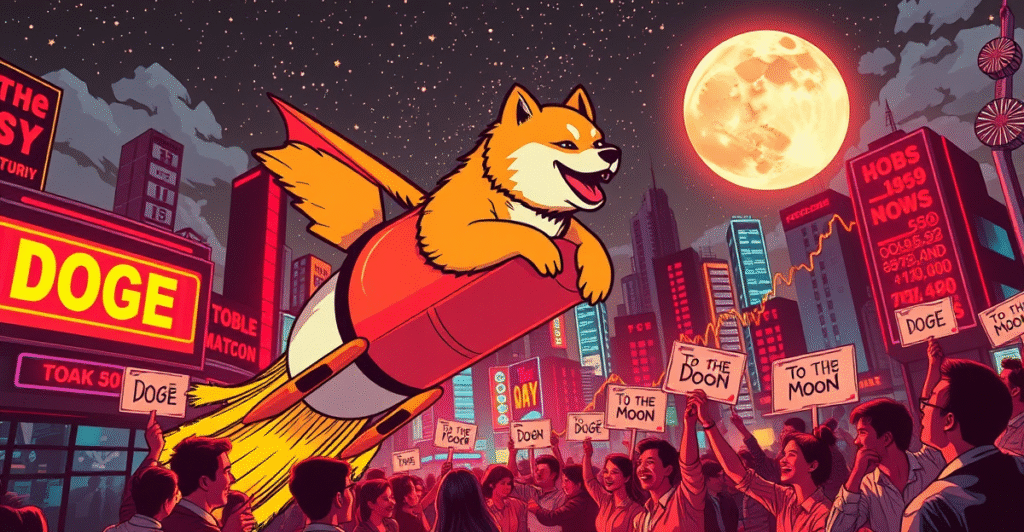 一只柴犬乘火箭飞向月球，象征狗狗币价格上涨和市场乐观情绪