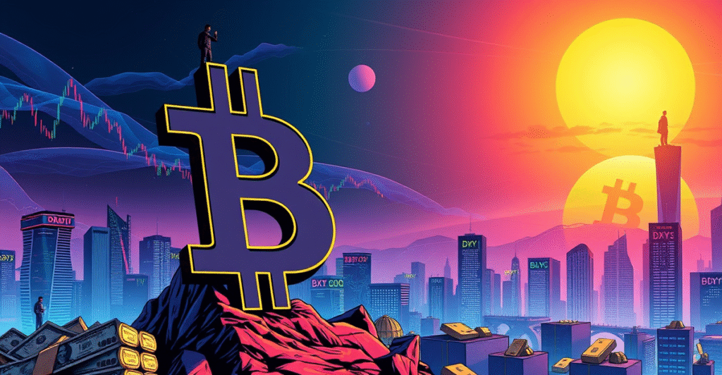 复古漫画风格封面展示比特币符号压倒弱势美元,背景为未来城市和上升的市场趋势图