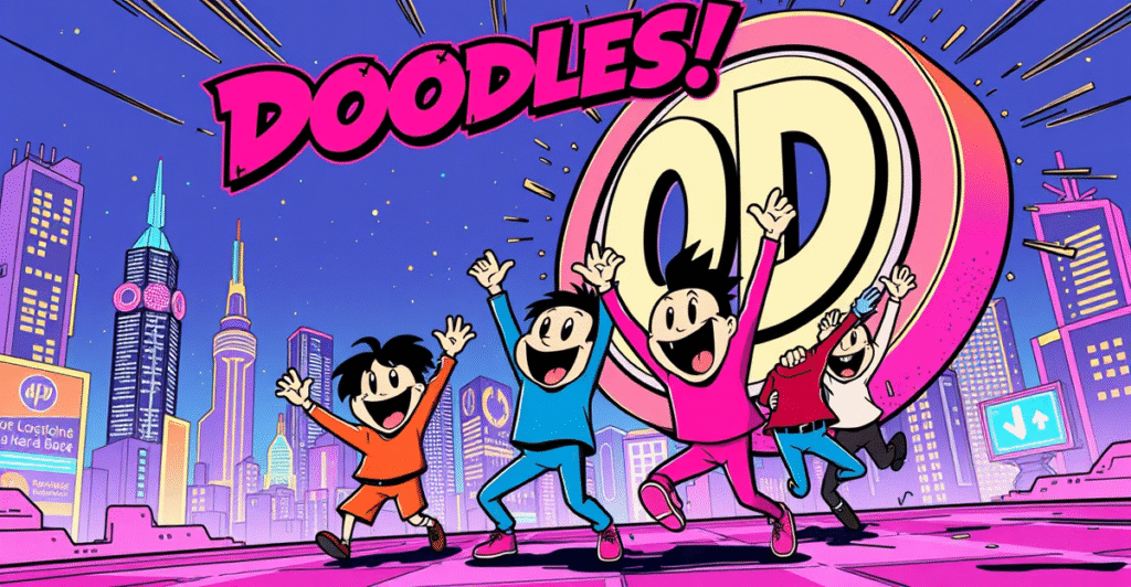 Doodles NFT角色在复古漫画风格封面上庆祝DOOD代币发布，背景是霓虹色调的未来城市