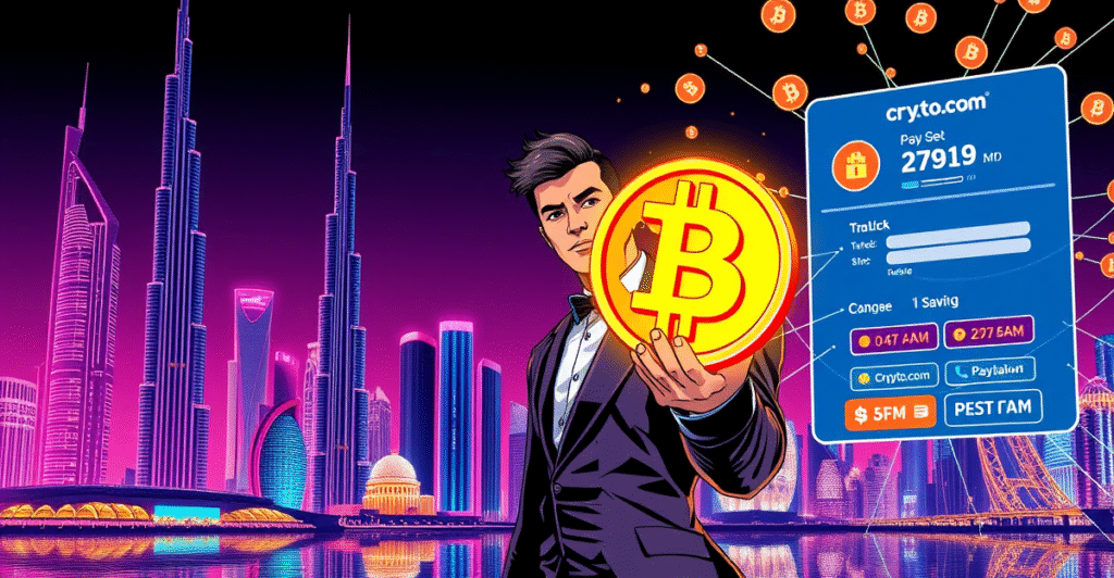 迪拜天际线与加密货币支付象征,展示政府服务的数字货币转型