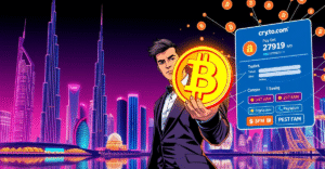 迪拜天际线与加密货币支付象征，展示政府服务的数字货币转型