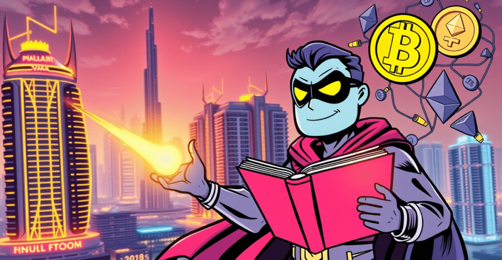 迪拜虚拟资产监管局（VARA）作为超级英雄角色，手持发光规则书，背景是霓虹灯下的迪拜城市景观和漂浮的加密货币符号