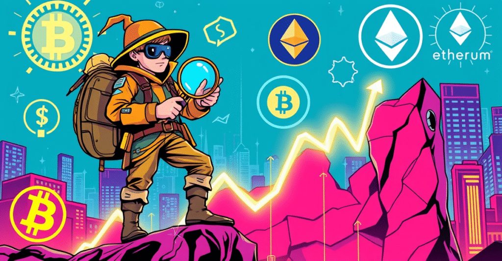 一名探险者站在发光的加密货币趋势图上，背景是比特币、以太坊和Solana的标志，象征着早期发现加密货币趋势。