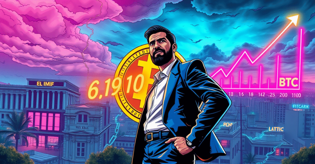 萨尔瓦多总统Nayib Bukele站在巨大的比特币标志前，背景是上涨的市场趋势图和IMF大楼，象征萨尔瓦多无视IMF警告继续积累比特币